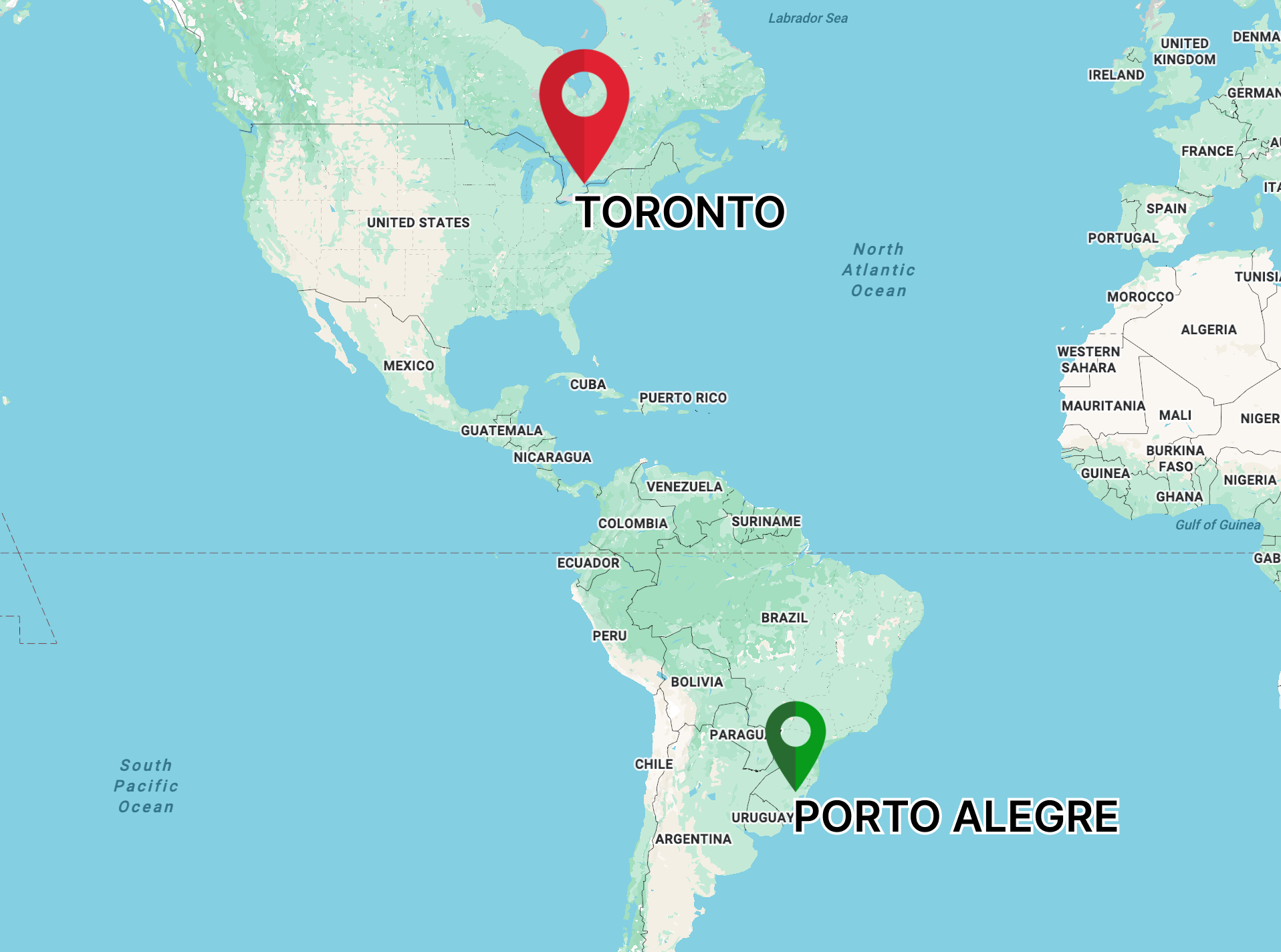 Map representing journey from Brazil to Canada